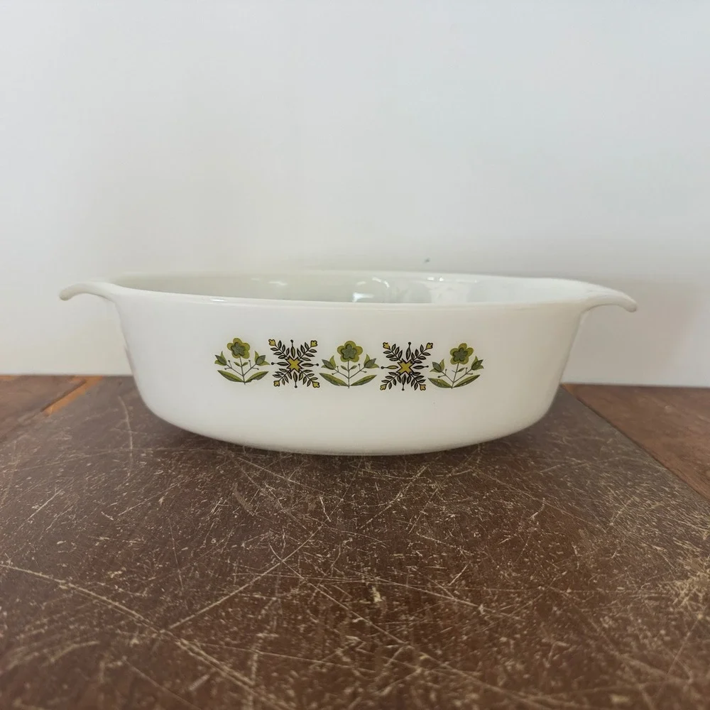Vintage‎ Anchor Hocking Fire King Baking Dish Green Floral Oval Casserole